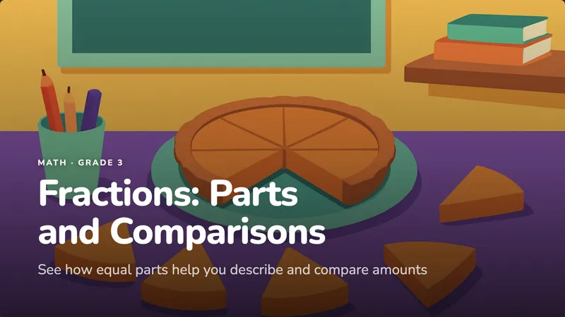 Cover slide: Fractions, Parts and Comparisons, with a pie cut into slices.