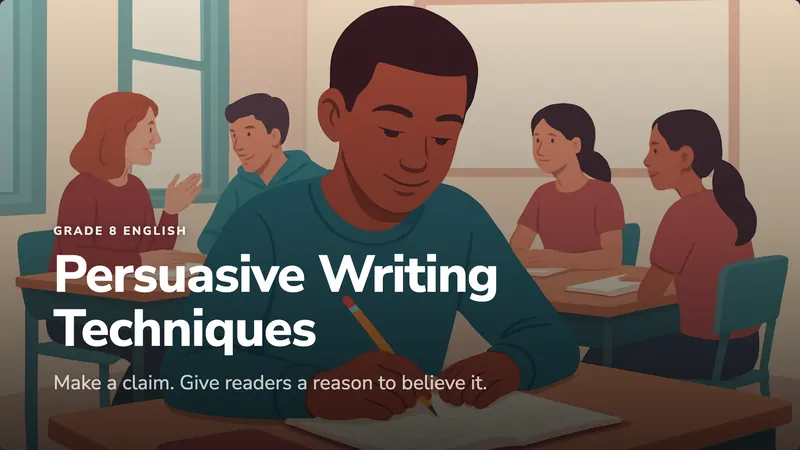 Cover slide: Persuasive Writing Techniques, students writing in class.