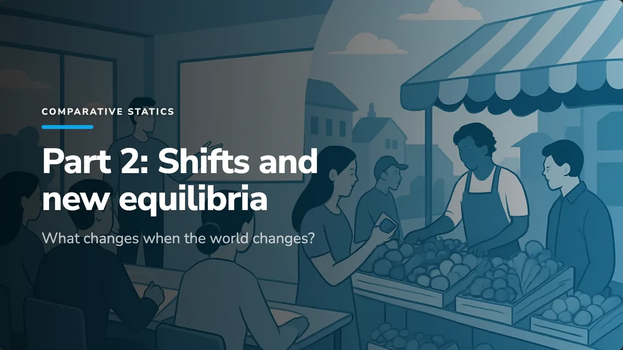 Section slide: Part 2, Shifts and new equilibria, over an illustration of a busy market stall.